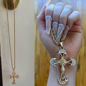 🆕📿 Rhinestone Jesus Christ Cross Faux Gold Chain Necklace
